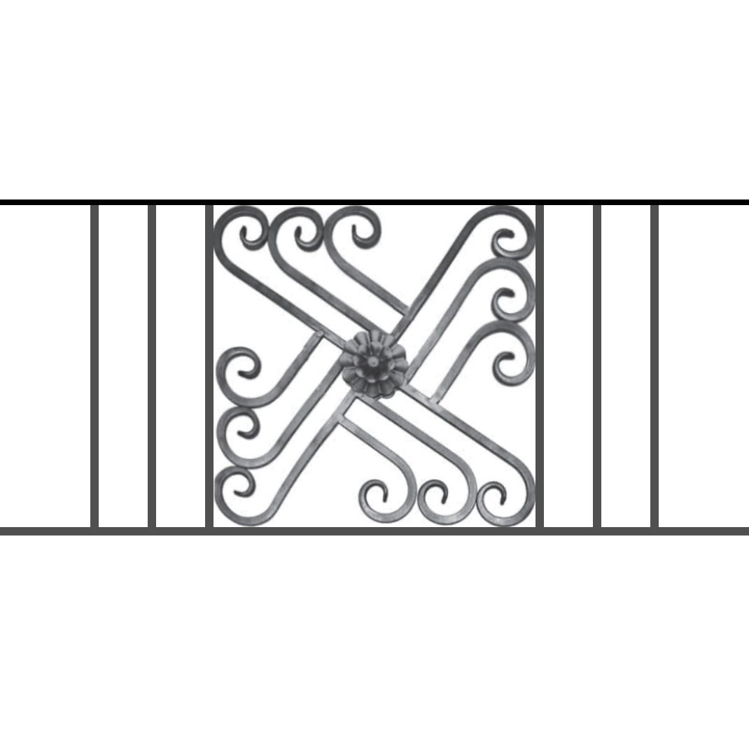 Appui de fenêtre type AFEF22 à sceller dans votre tableau de fenêtre. Longueur finie de 1070mm et Hauteur finie de 480mm. Convient pour les tableaux de fenêtre de 970mm. 50mm de scellement sont prévue de chaque côté. Main courante laminée de 970mm de long en fer forgé sur le dessus. Motif au centre de 460mm de long par 460mm de haut. Le reste de la structure est en acier carré plein de 12mm de section.