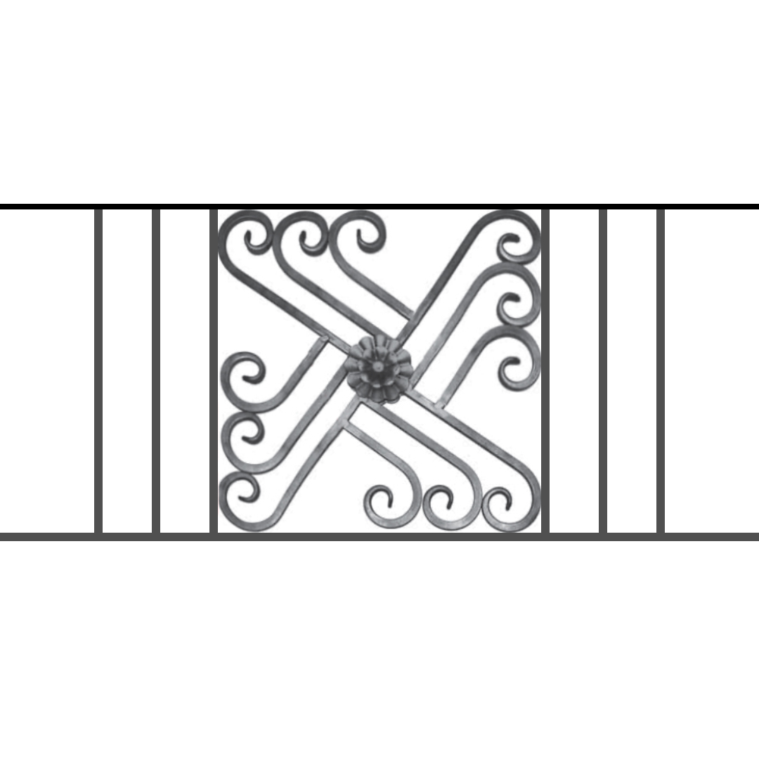 Appui de fenêtre type AFEF22 à sceller dans votre tableau de fenêtre. Longueur finie de 1080mm et Hauteur finie de 480mm. Convient pour les tableaux de fenêtre de 980mm. 50mm de scellement sont prévue de chaque côté. Main courante laminée de 980mm de long en fer forgé sur le dessus. Motif au centre de 460mm de long par 460mm de haut. Le reste de la structure est en acier carré plein de 12mm de section.