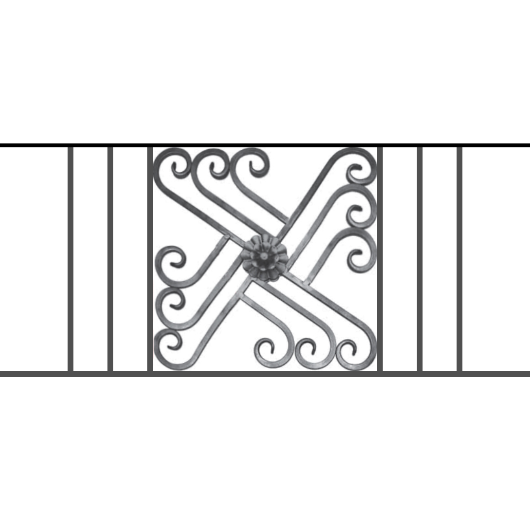 Appui de fenêtre type AFEF22 à sceller dans votre tableau de fenêtre. Longueur finie de 1090mm et Hauteur finie de 480mm. Convient pour les tableaux de fenêtre de 990mm. 50mm de scellement sont prévue de chaque côté. Main courante laminée de 990mm de long en fer forgé sur le dessus. Motif au centre de 460mm de long par 460mm de haut. Le reste de la structure est en acier carré plein de 12mm de section.