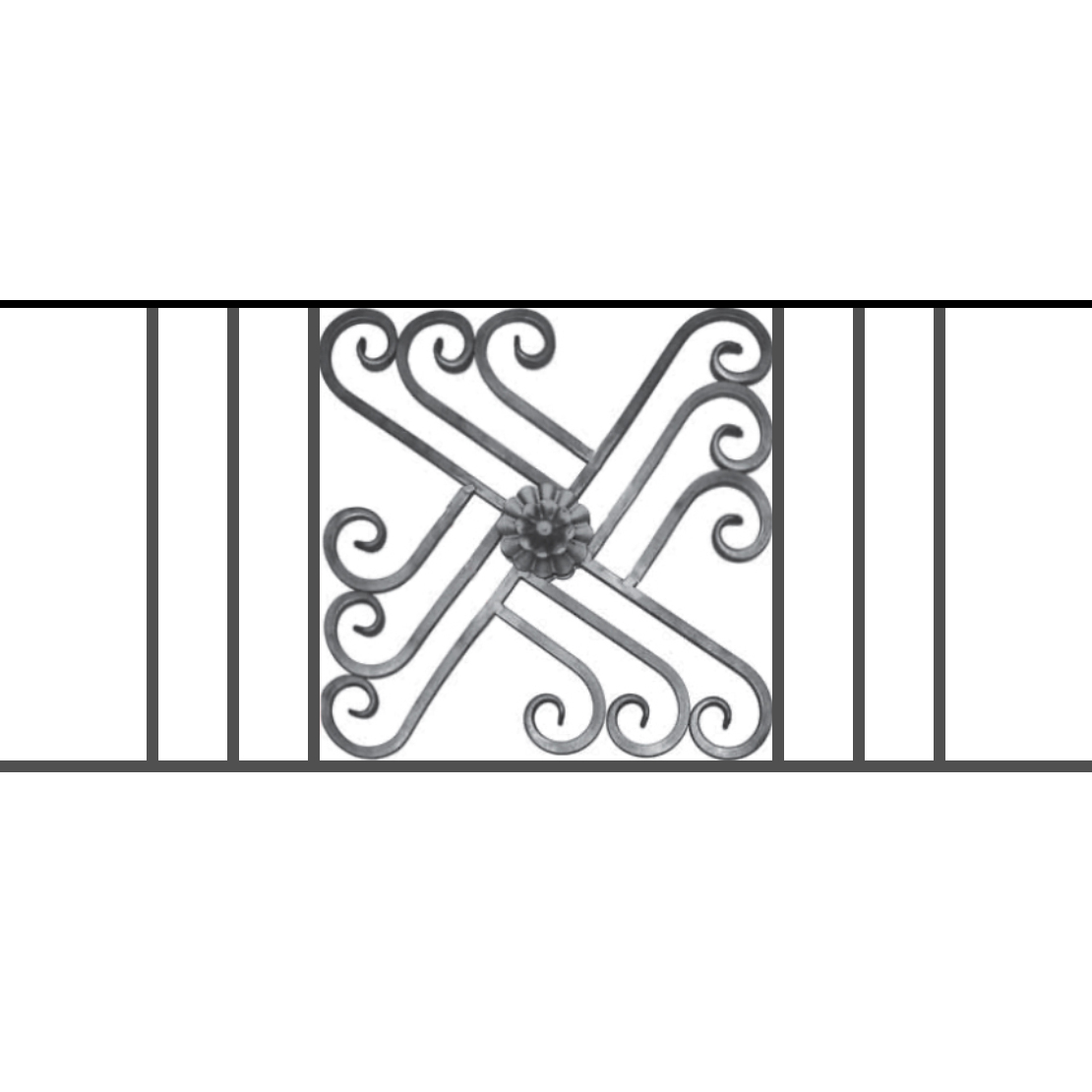 Appui de fenêtre type AFEF22 à sceller dans votre tableau de fenêtre. Longueur finie de 1110mm et Hauteur finie de 480mm. Convient pour les tableaux de fenêtre de 1010mm. 50mm de scellement sont prévue de chaque côté. Main courante laminée de 1010mm de long en fer forgé sur le dessus. Motif au centre de 460mm de long par 460mm de haut. Le reste de la structure est en acier carré plein de 12mm de section.