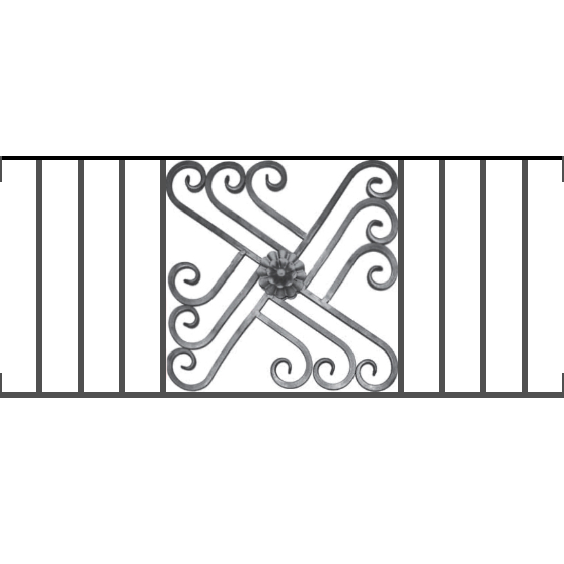 Appui de fenêtre type AFEF22 à visser dans votre tableau de fenêtre. Longueur finie de 1120mm et Hauteur finie de 480mm. Convient pour les tableaux de fenêtre de 1120mm. Main courante laminée de 1120mm de long en fer forgé sur le dessus. Motif au centre de 460mm de long par 460mm de haut. Le reste de la structure est en acier carré plein de 12mm de section.
