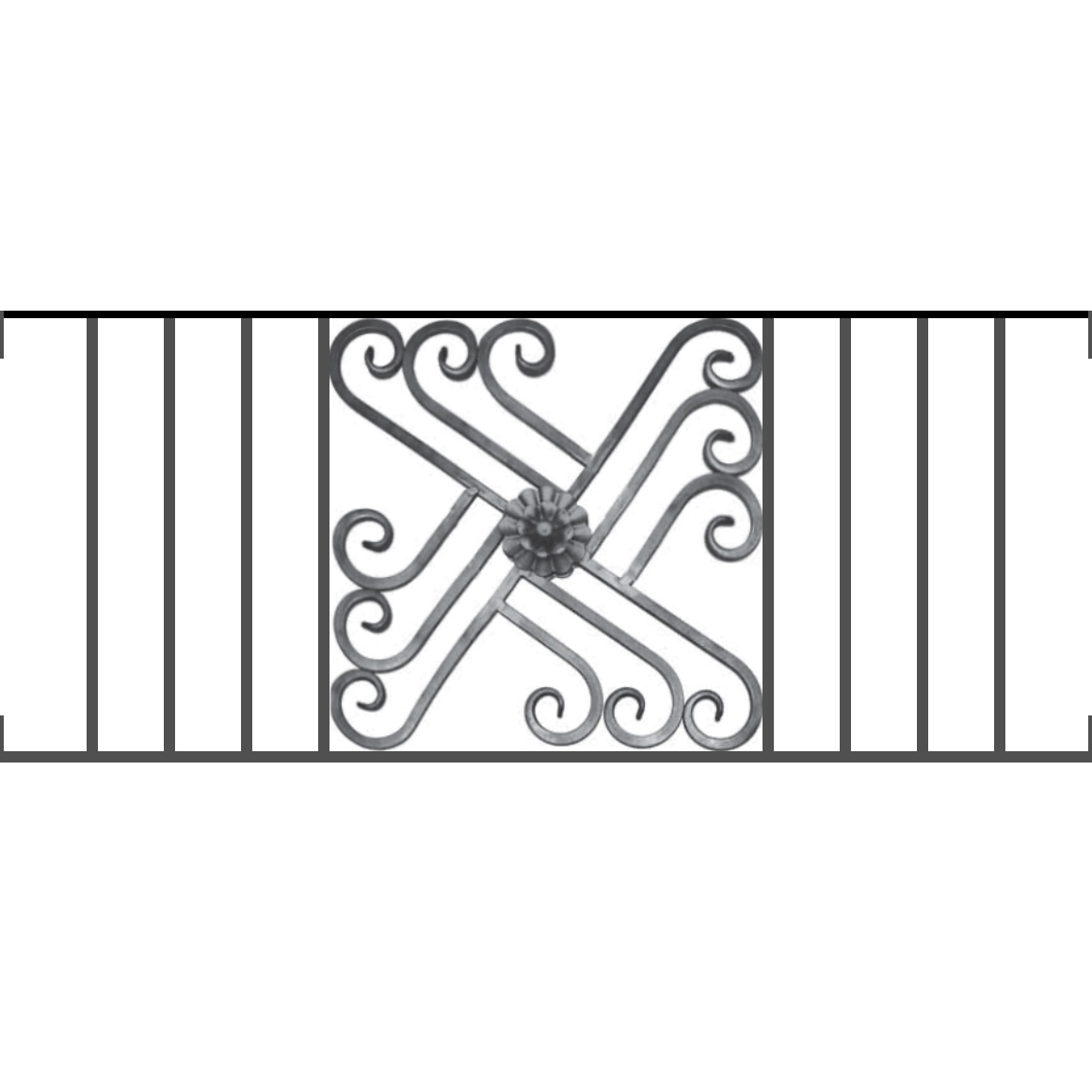 Appui de fenêtre type AFEF22 à visser dans votre tableau de fenêtre. Longueur finie de 1160mm et Hauteur finie de 480mm. Convient pour les tableaux de fenêtre de 1160mm. Main courante laminée de 1160mm de long en fer forgé sur le dessus. Motif au centre de 460mm de long par 460mm de haut. Le reste de la structure est en acier carré plein de 12mm de section.