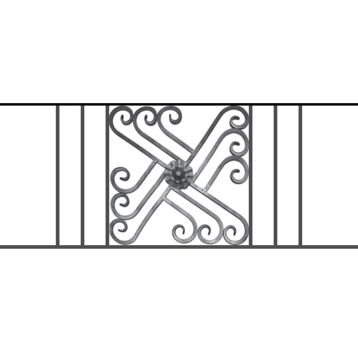 Appui de fenêtre type AFEF22 à sceller dans votre tableau de fenêtre. Longueur finie de 1180mm et Hauteur finie de 480mm. Convient pour les tableaux de fenêtre de 1080mm. 50mm de scellement sont prévue de chaque côté. Main courante laminée de 1080mm de long en fer forgé sur le dessus. Motif au centre de 460mm de long par 460mm de haut. Le reste de la structure est en acier carré plein de 12mm de section.