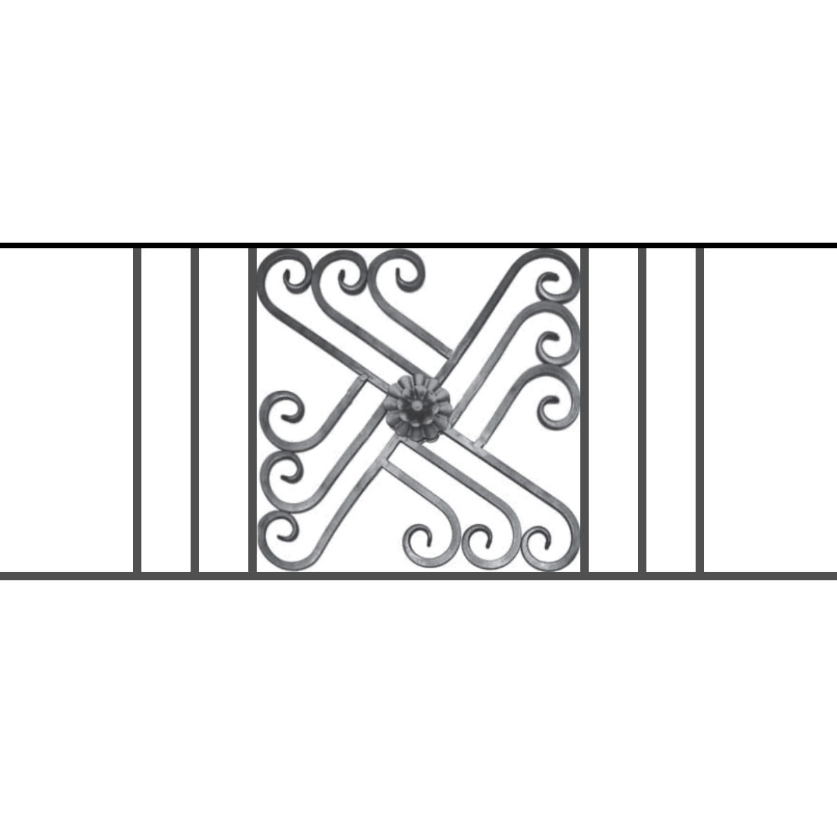 Appui de fenêtre type AFEF22 à sceller dans votre tableau de fenêtre. Longueur finie de 1190mm et Hauteur finie de 480mm. Convient pour les tableaux de fenêtre de 1090mm. 50mm de scellement sont prévue de chaque côté. Main courante laminée de 1090mm de long en fer forgé sur le dessus. Motif au centre de 460mm de long par 460mm de haut. Le reste de la structure est en acier carré plein de 12mm de section.