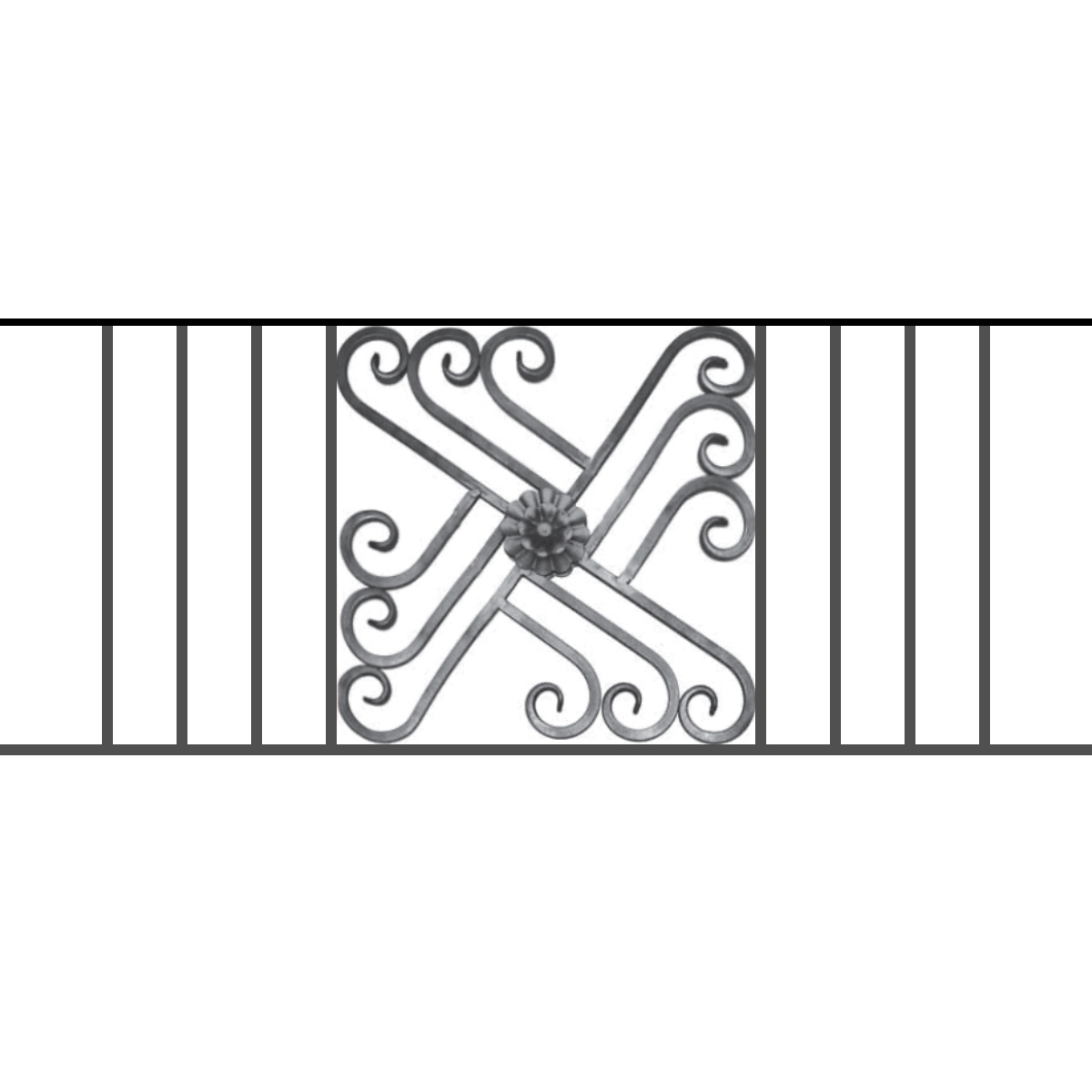 Appui de fenêtre type AFEF22 à sceller dans votre tableau de fenêtre. Longueur finie de 1200mm et Hauteur finie de 480mm. Convient pour les tableaux de fenêtre de 1100mm. 50mm de scellement sont prévue de chaque côté. Main courante laminée de 1100mm de long en fer forgé sur le dessus. Motif au centre de 460mm de long par 460mm de haut. Le reste de la structure est en acier carré plein de 12mm de section.