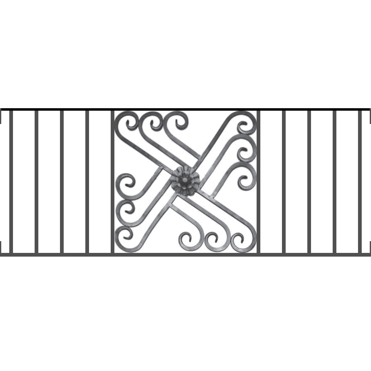 Appui de fenêtre type AFEF22 à visser dans votre tableau de fenêtre. Longueur finie de 1200mm et Hauteur finie de 480mm. Convient pour les tableaux de fenêtre de 1200mm. Main courante laminée de 1200mm de long en fer forgé sur le dessus. Motif au centre de 460mm de long par 460mm de haut. Le reste de la structure est en acier carré plein de 12mm de section.