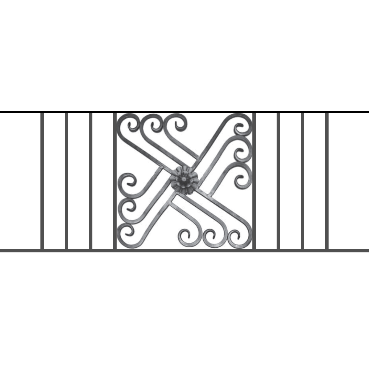 Appui de fenêtre type AFEF22 à sceller dans votre tableau de fenêtre. Longueur finie de 1250mm et Hauteur finie de 480mm. Convient pour les tableaux de fenêtre de 1150mm. 50mm de scellement sont prévue de chaque côté. Main courante laminée de 1150mm de long en fer forgé sur le dessus. Motif au centre de 460mm de long par 460mm de haut. Le reste de la structure est en acier carré plein de 12mm de section.