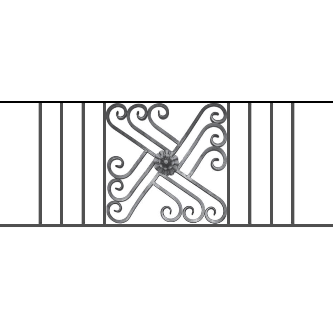 Appui de fenêtre type AFEF22 à sceller dans votre tableau de fenêtre. Longueur finie de 1270mm et Hauteur finie de 480mm. Convient pour les tableaux de fenêtre de 1170mm. 50mm de scellement sont prévue de chaque côté. Main courante laminée de 1170mm de long en fer forgé sur le dessus. Motif au centre de 460mm de long par 460mm de haut. Le reste de la structure est en acier carré plein de 12mm de section.