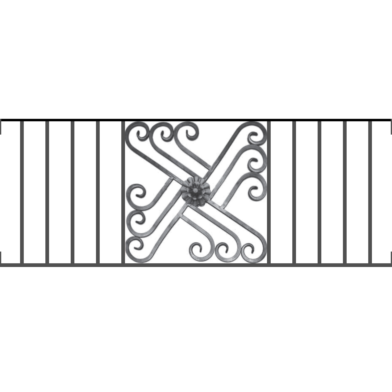 Appui de fenêtre type AFEF22 à visser dans votre tableau de fenêtre. Longueur finie de 1270mm et Hauteur finie de 480mm. Convient pour les tableaux de fenêtre de 1270mm. Main courante laminée de 1270mm de long en fer forgé sur le dessus. Motif au centre de 460mm de long par 460mm de haut. Le reste de la structure est en acier carré plein de 12mm de section.