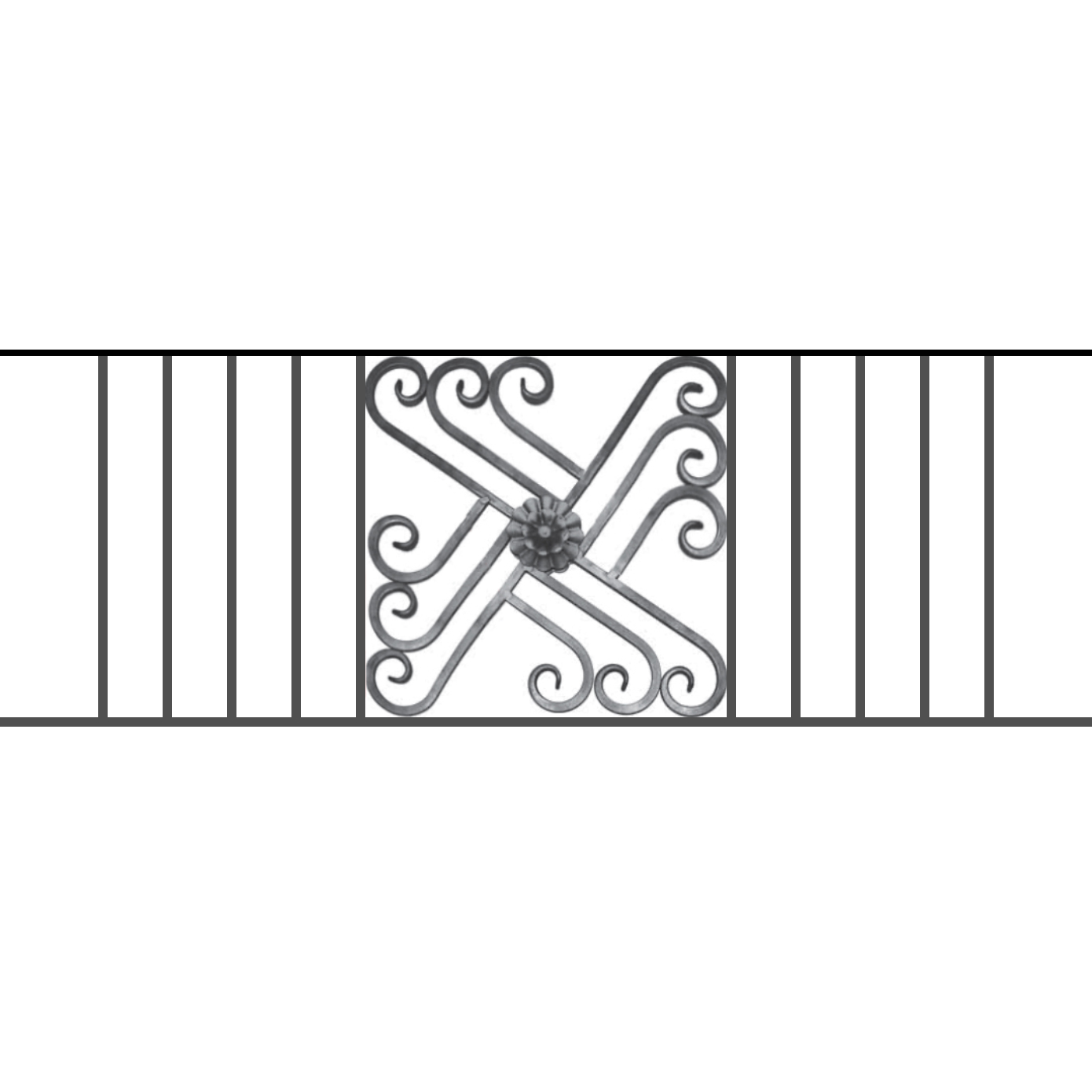 Appui de fenêtre type AFEF22 à sceller dans votre tableau de fenêtre. Longueur finie de 1390mm et Hauteur finie de 480mm. Convient pour les tableaux de fenêtre de 1290mm. 50mm de scellement sont prévue de chaque côté. Main courante laminée de 1290mm de long en fer forgé sur le dessus. Motif au centre de 460mm de long par 460mm de haut. Le reste de la structure est en acier carré plein de 12mm de section.
