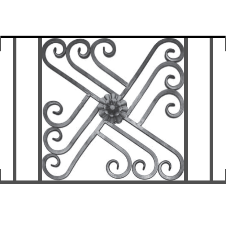 Appui de fenêtre type AFEF22 à visser dans votre tableau de fenêtre. Longueur finie de 730mm et Hauteur finie de 480mm. Convient pour les tableaux de fenêtre de 730mm. Main courante laminée de 730mm de long en fer forgé sur le dessus. Motif au centre de 460mm de long par 460mm de haut. Le reste de la structure est en acier carré plein de 12mm de section.