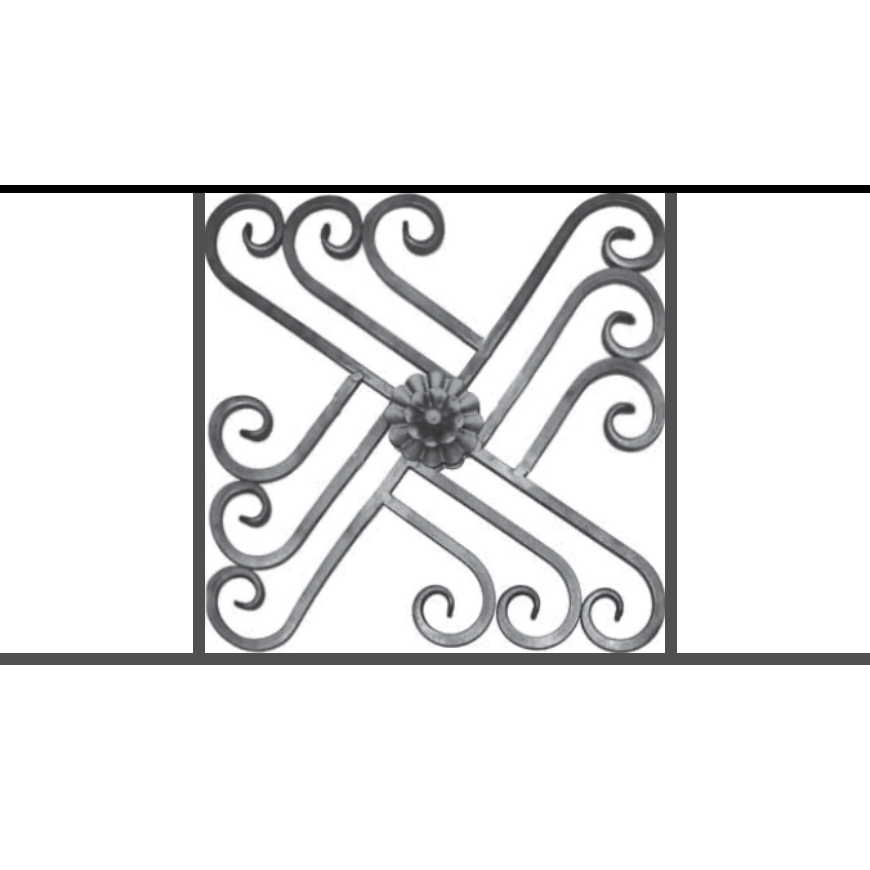 Appui de fenêtre type AFEF22 à sceller dans votre tableau de fenêtre. Longueur finie de 870mm et Hauteur finie de 480mm. Convient pour les tableaux de fenêtre de 770mm. 50mm de scellement sont prévue de chaque côté. Main courante laminée de 770mm de long en fer forgé sur le dessus. Motif au centre de 460mm de long par 460mm de haut. Le reste de la structure est en acier carré plein de 12mm de section.