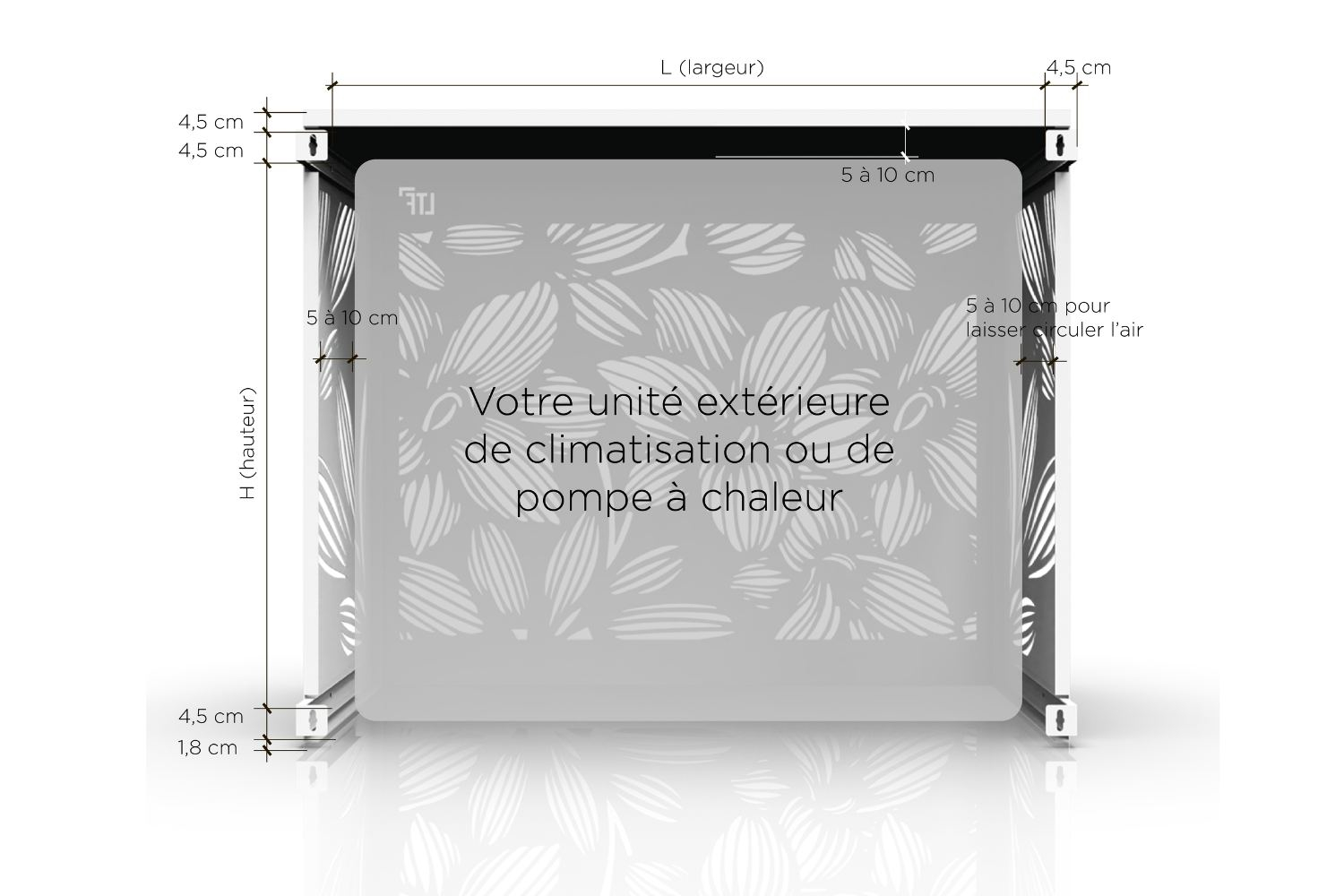 Le cache climatisation aluminium Persienne habille une unité extérieure avec un dessin sobre à lames horizontales, adapté aux façades modernes comme aux extérieurs plus classiques. Sa conception 100 % aluminium offre une excellente résistance aux UV, à l'humidité, au gel, à la pluie et aux variations de température. L'aluminium ne rouille pas et ne se déforme pas comme peuvent le faire certains caches en bois ou en PVC. Le thermolaquage permet de choisir parmi 20 coloris RAL afin d'accorder le cache climatisation à la façade, aux menuiseries ou à l'aménagement extérieur. Le produit est disponible en cinq tailles, du S au XXL, pour s'adapter à la majorité des groupes de climatisation et pompes à chaleur extérieurs. Les dimensions intérieures disponibles vont de L 90 x H 65 cm à L 148 x H 157 cm, avec une profondeur réglable selon la taille choisie. Les dimensions extérieures vont de L 95 x H 67 cm à L 153 x H 159 cm, ce qui permet de prévoir correctement l'encombrement final. Pour choisir la bonne taille, il faut mesurer l'unité extérieure avec ses supports, câbles et goulottes, puis prévoir 5 à 10 cm de marge en largeur et en hauteur. La profondeur ne nécessite pas de marge supplémentaire, car elle est réglable grâce aux réglettes de fixation fournies. Le colis comprend 1 face avant, 1 côté gauche, 1 côté droit, 1 capot, 4 réglettes de fixation, vis TBHC M6x12, rondelles, écrous frein M6 et notice de montage. L'assemblage se fait par encliquetage des côtés avec la face avant, puis par pose du capot et pliage des pattes prévues à cet effet. Les réglettes de fixation permette