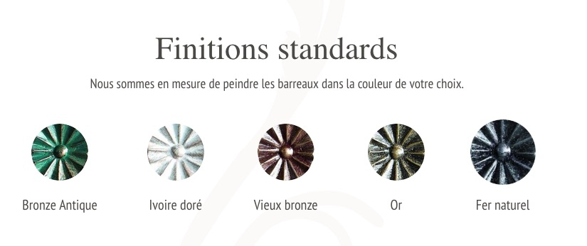   Barreau collection Prestige. Hauteur 1150 mm. Carré 14 mm.  Décor 700 mm.  Nous vous proposons 5 finitions dans la gamme Prestige à préciser au moment de la commande soit. Ivoire Doré. Bronze antique. Fer naturel. Or. Vieux Bronze. Les extrémitées seront à peindre dans une peinture assortie à la patine.     Ces produits sont conçus exclusivement pour l'intérieur