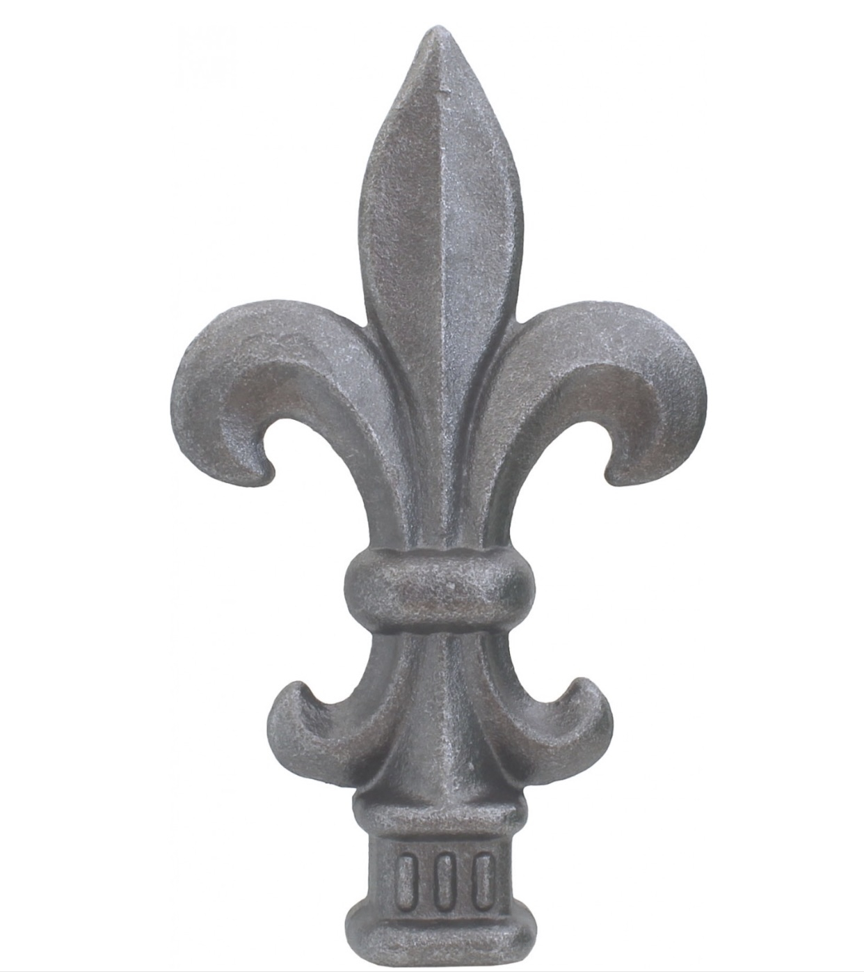 Pointe de lance style fleur de lys médiévale, en fer forgé. Hauteur 160mm largeur 92mm avec une base carré de largeur 32mm. Elément décoratif idéal pour votre portail ou clôture, par exemple. Fixation par soudure. Fournie brut, à peindre ou à vernir avec un produit adapté qui protège contre la corrosion, produit galvanisable.