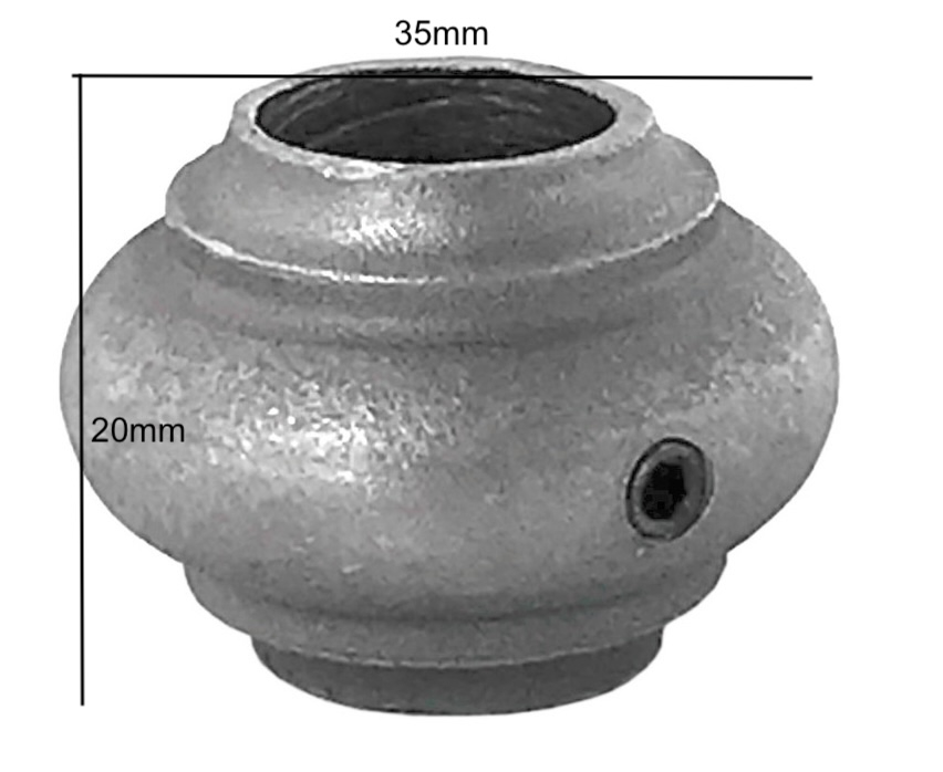 Garniture fine de barreaux lisse, en fonte. Compatible avec des barreaux de diamètre 18mm. Hauteur 20mm largeur 35mm. Cette bague sobre ornera vos barreaux de grilles de défense, portails, escaliers par exemple. Fixation par vis car taraudage M5 (vis fournie). Fourni brut, à peindre ou à vernir avec un produit adapté pour la protection contre la corrosion.