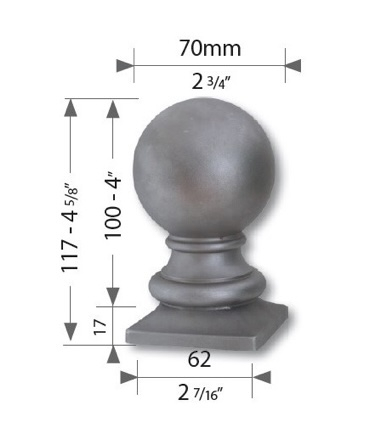 Boule de potelé sur socle carré, en acier moulé. Hauteur 117mm Diamètre Ø70mm et largeur de la base carré 62mm. Finition pour poteaux, en tube carré de 60x60mm. Fixation par soudure, produit non galvanisante. Livré brut, prêt à peindre ou à vernis, galvanisable, convient pour une utilisation en intérieur ou en extérieur. Objet décoratif qui rendra unique votre fabrication. Existe en différentes dimensions.