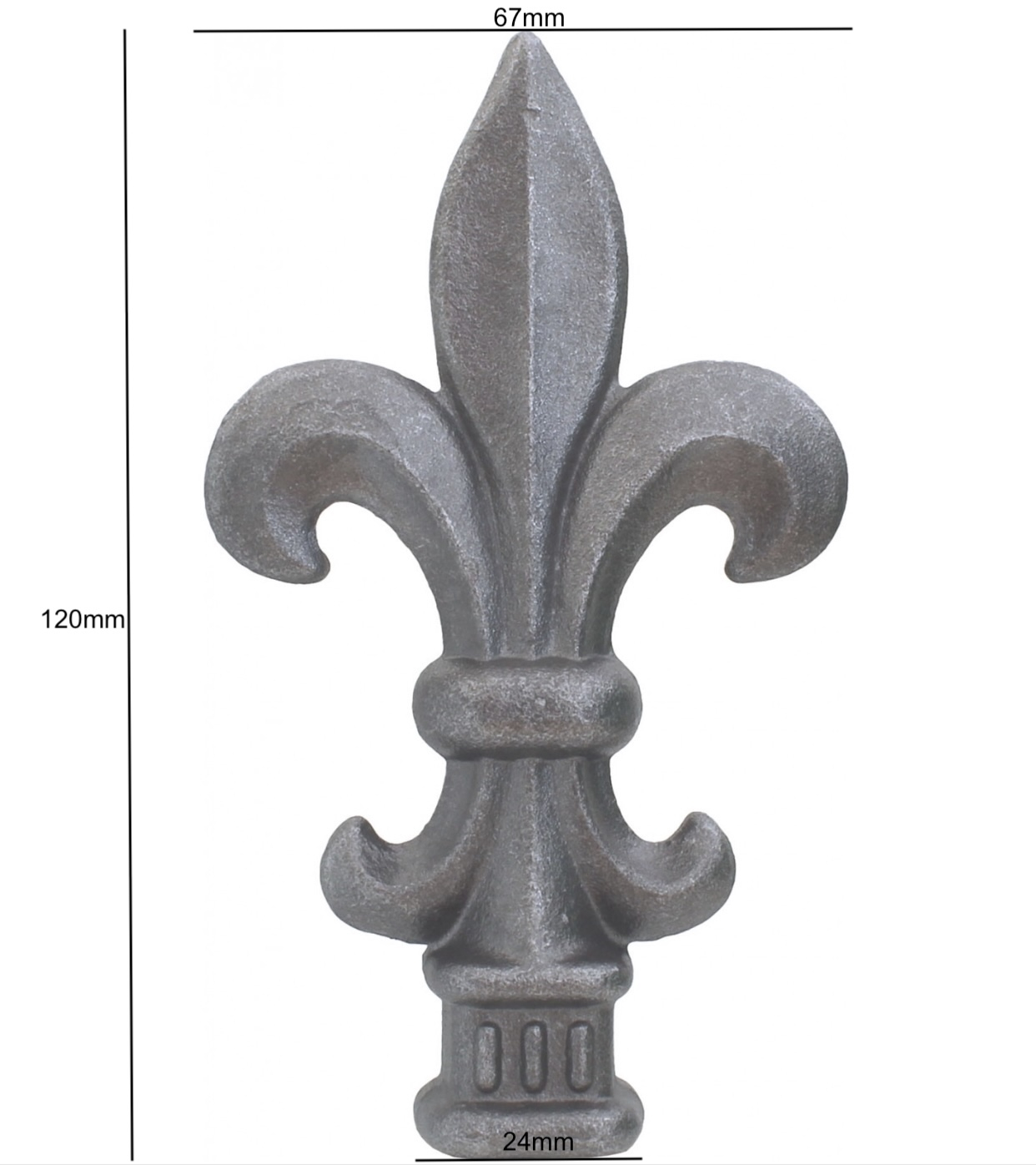 Pointe de lance style fleur de lys médiévale, en fer forgé. Hauteur 120mm largeur 67mm avec une base carré de largeur 24mm. Elément décoratif idéal pour votre portail ou clôture, par exemple. Fixation par soudure. Fournie brut, à peindre ou à vernir avec un produit adapté qui protège contre la corrosion, produit galvanisable.