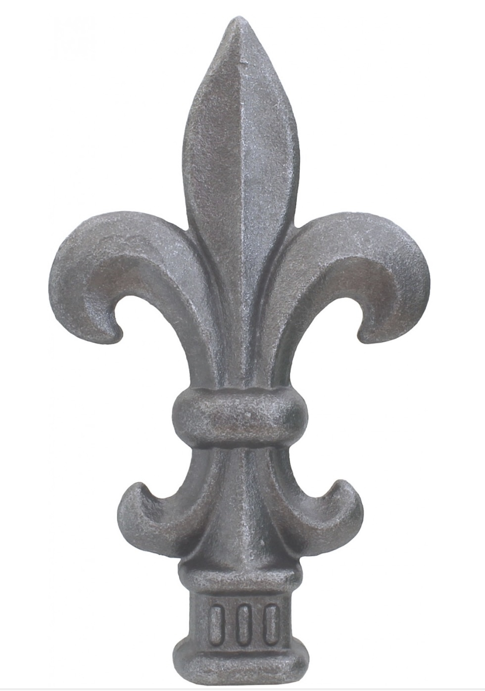 Pointe de lance style fleur de lys médiévale, en fer forgé. Hauteur 120mm largeur 67mm avec une base carré de largeur 24mm. Elément décoratif idéal pour votre portail ou clôture, par exemple. Fixation par soudure. Fournie brut, à peindre ou à vernir avec un produit adapté qui protège contre la corrosion, produit galvanisable.