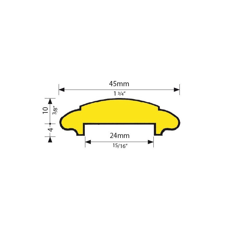 Main courante en laiton largeur 45 mm x 14 mm . Gorge de 24 mm . Spécial Cu Zn 40 MnA facilitant le cintrage à chaud.  Livrable brut de laminage ou pré-polie : “P” (Un polissage de finition est à prévoir).  Sous-lisse recommandée : plat 20 x 12 mm.