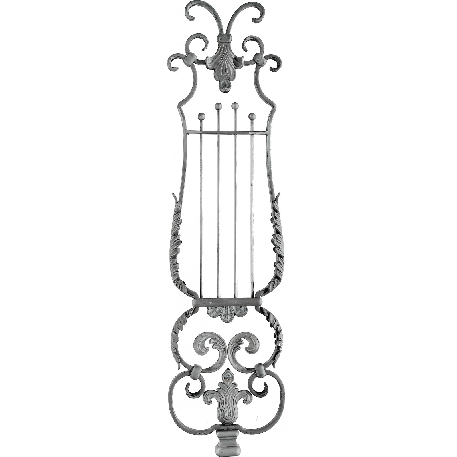 Panneau Mozart style palais anciens jardin à la française, avec volutes, harpe et feuilles, en fer forgé lisse. Hauteur 880mm et Largeur 230mm avec profilé en fer plat de 16x8mm. Ce panneau décoratif peut être présenté à l'horizontale, son utilisation est multiple: balcon, terrasse, fenêtre, balustrade... Fixation par soudure. Fourni brute, à peindre ou à vernir pour le protéger de la corrosion. Utilisation intérieure ou extérieure. Peut être associé à un garde corps à barreaux simples.