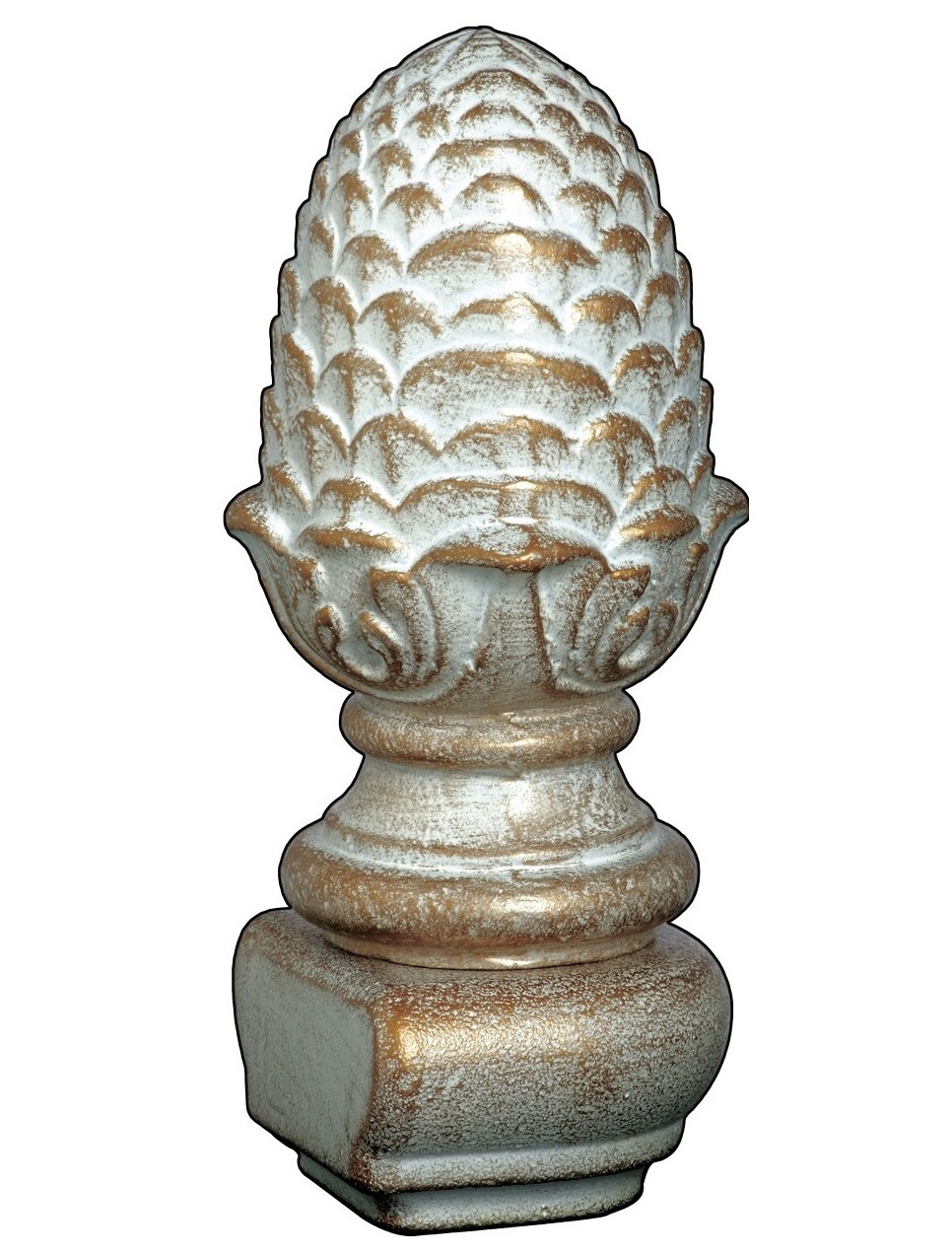 Tête de départ forme Pomme de pin de la gamme prestige, sur socle, en fer forgé. Hauteur totale 155mm largeur Ø60mm. Fixation par soudure. Objet décoratif qui rendra unique votre fabrication. Patine ivoire doré appliquée à la main, puis une couche de vernis est appliqué. Produit conçu exclusivement pour l'intérieur.