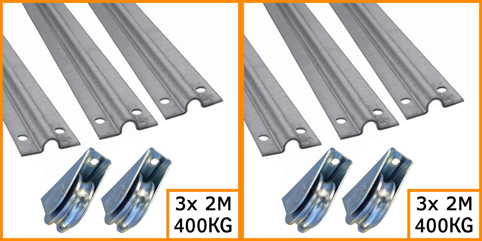 LOT DE 2. Description pour 1 unitée : Kit pour la réalisation d'un Portail coulissant. 3 rails (#19197) d'une longueur de 2000mm à gorge ronde en diamètre 16mm à visser. 2 roues (#19421) d'un diamètre de 80mm à visser pour supporter une charge maximale de 400KG.