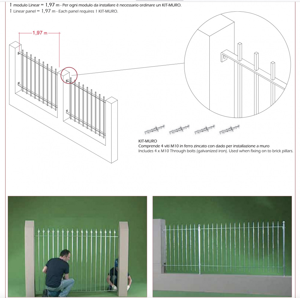 Grille Cloture Galvanisé hauteur 930 mm x Longueur 1970 mm sobre et épurée est réalisée en acier galvanisé. Structure sur plat de 30x8 et barreaudage en carré de 12x12 appointé et finition boule.  L'espacement des 17 barreaux de 98 mm répond à toutes les normes de sécurité. A fixer entre piliers ou sur poteau a cder séparémement soit Poteaux a sceller réf CP10 ou sur platines a visser réf PP10 - Ces Panneaux sont recoupables et a fixer avec la réf KIT-col . Possibilité sur commande en hauteur 1130 mm et 1430 mm 