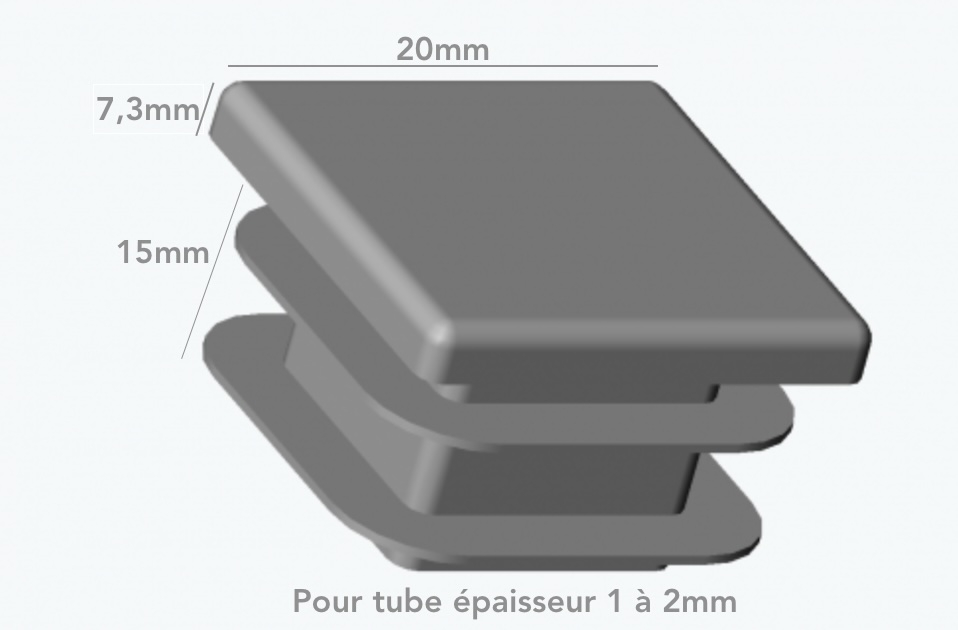 Bouchon, embout carré à ailettes, en polyéthylène. Hauteur totale 22,3mm Hauteur visible 7,3mm Largeur 20mm. Compatible avec des tubes carrés de section 20x20mm ayant une épaisseur de 1 à 2mm. Il sera utile en intérieur comme en extérieur dans de nombreux domaines (pied de chaise, clôture, rambarde, portail, obstruer les tubes pour les protéger des conditions d'utilisation en extérieur ....). Grâce à ses ailettes larges son utilisation sera facile (emboiter à l'aide d'un maillet si besoin). Différentes dimensions existent.