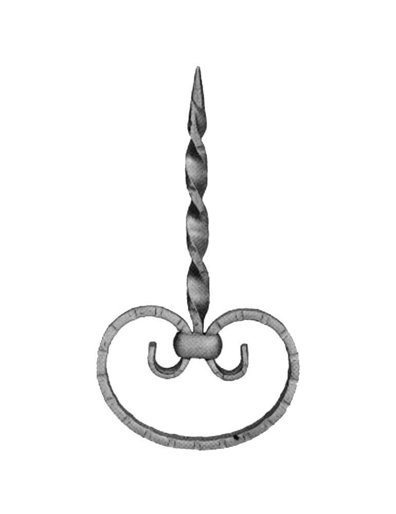 Volute en C finition coupe droite, avec pointe, en fer forgé. Hauteur 235mm largeur 125mm profilé en fer plat martelé de 14x6mm. Fixation par soudure. Permet de décorer votre fabrication en fer forgé, dessus de portail, clôture, pergola, mais également permet de renforcer la sécurité, en diminuant le vide entre barreau, ou d'augmenter le soutien. Présentation à l'horizontale ou à la verticale. Fourni brut, à peindre ou à vernir pour protéger contre la corrosion.