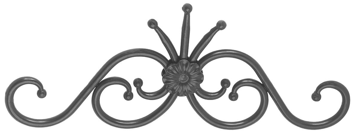 Dessus de portail en fer forgé. 210mm de hauteur par 530mm de long. Section en rond lisse de 12mm de diamètre. Composé de 2 volutes et d’une rosace au centre. Les extrémités des volutes sont formées en boules.