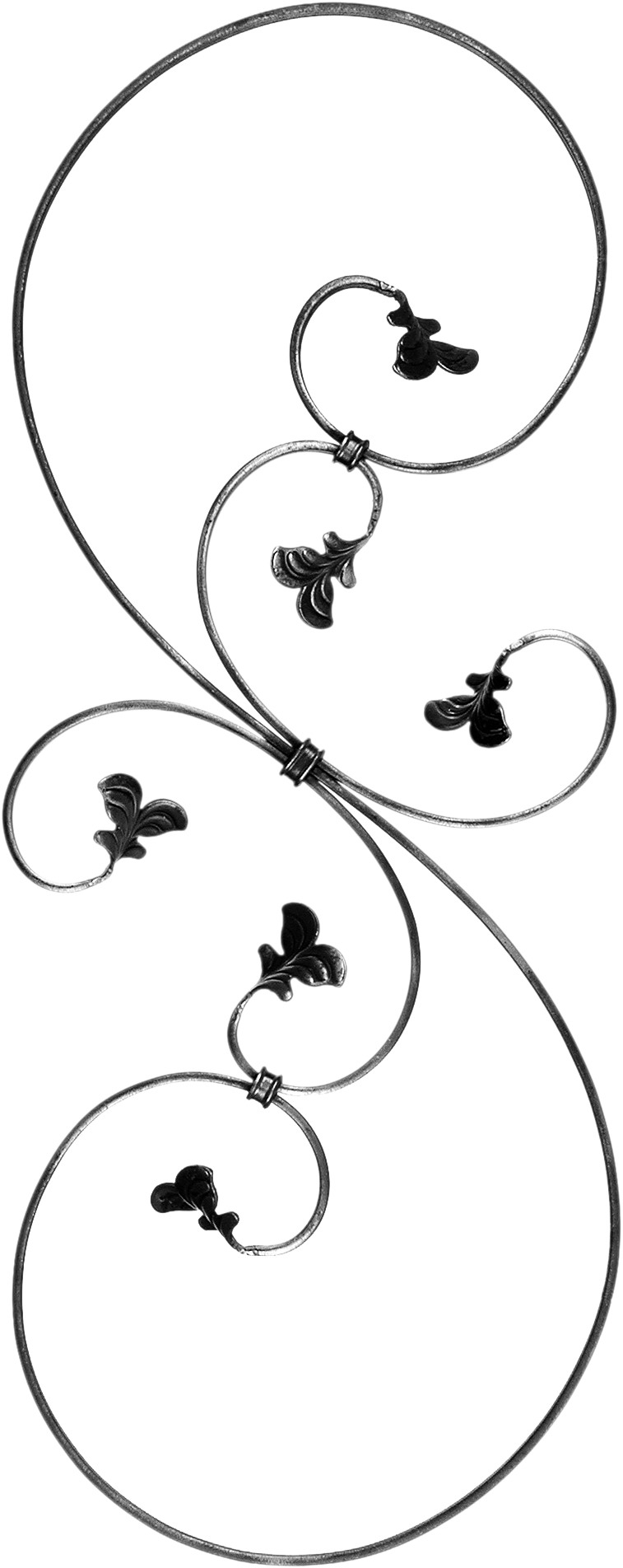 Panneau décoratif composé d'une grande volute en S et 2 petites volutes en C, aux finitions feuilles, en fer forgé lisse. Hauteur 860mm et Largeur 350mm avec profilé en fer plat lisse de 12x6mm. Ce panneau décoratif peut être présenté à l'horizontale ou à la verticale, son utilisation est multiple: balcon, terrasse, fenêtre, balustrade... Fixation par soudure. Fourni brute, à peindre ou à vernir pour le protéger de la corrosion. Utilisation intérieure ou extérieure.