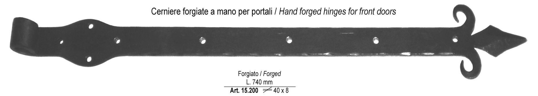 Penture fer forgé en plat de 40x8 mm long 780 mm  Noeud pour axe 16 mm 