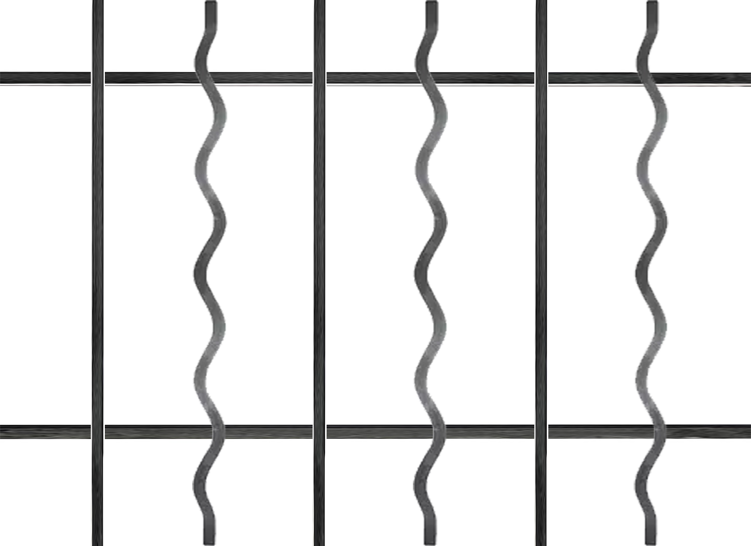 Grille de défense composé de barreaux ondulés #09056 en alterna...isse. Structure complète de la grille en section carré de 14mm. Convient pour des tableaux de fenêtre de maison ou bâtiment. Cette grille est à installer dans votre tableau de fenêtre. Protégez votre habitation avec cette grille anti-intrusion fabriquée en France dans notre atelier en Provence. Composé de barreaux avec un vide normalisé entre chaque barreau. Cette grille de fenêtre est livrée brut sans peinture, il vous appartient de les peindres de la couleur de votre choix. Les photos montrent le style du modèle. La composition exacte est ajustée pour correspondre à votre format.

Les barreaux sont tous soudés en applique sur les 2 barres horizontales. Cette grille, ainsi que toutes celles de la gamme GRF sont configurables a vos mesures de tableaux (voir les dimensions possibles entre la longueur et hauteur minimum puis maximum) puis fabriqués à la commande sous 10-20 jours en moyenne directement dans notre atelier par notre équipe de ferronnier.