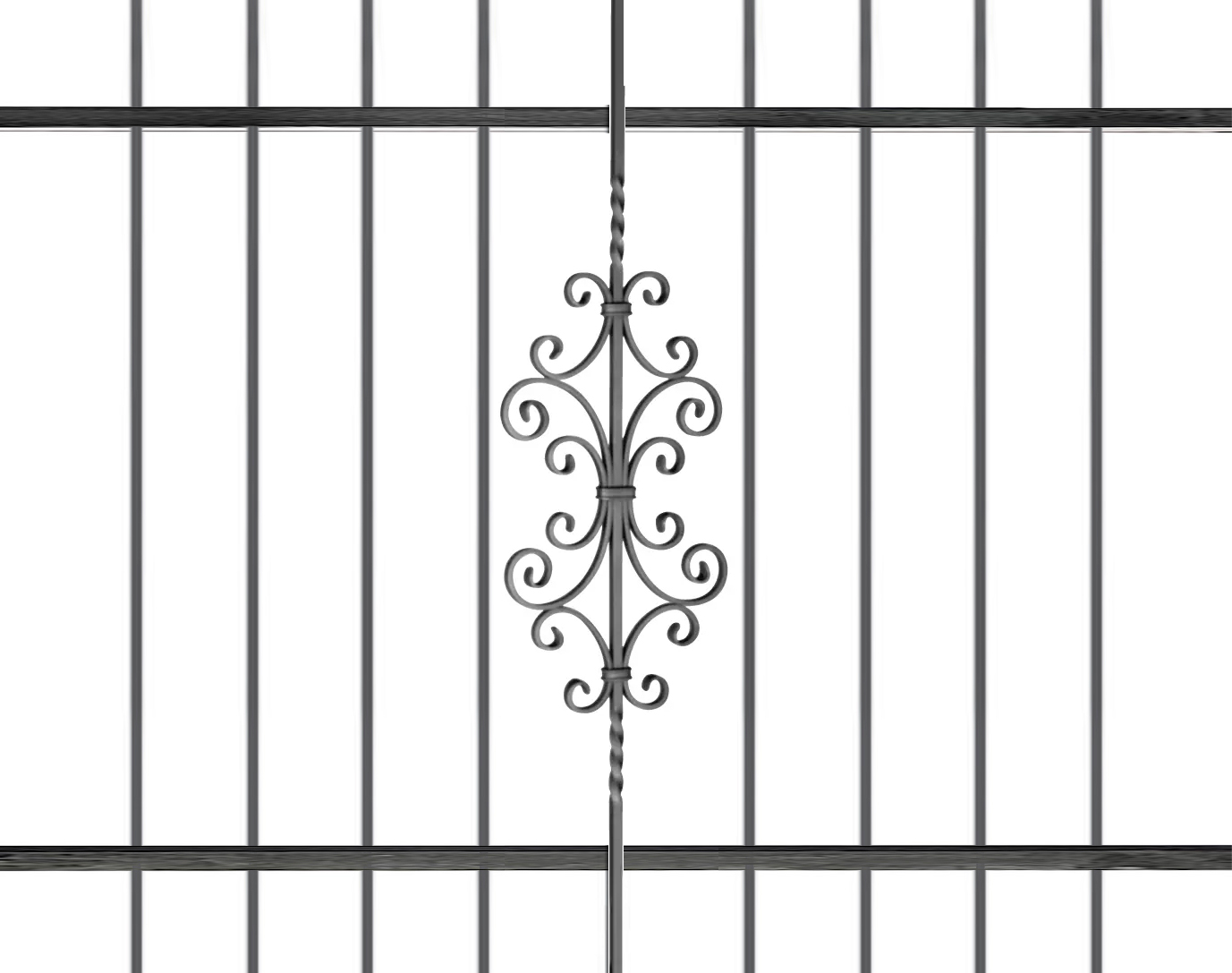 Grille de défense composé d’un décor central #05085. Structure complète de la grille en section carré de 12mm. Convient pour des tableaux de fenêtre de maison ou bâtiment. Cette grille est à installer dans votre tableau de fenêtre. Protégez votre habitation avec cette grille anti-intrusion fabriquée en France dans notre atelier en Provence. Composé de barreaux avec un vide normalisé entre chaque barreau. Cette grille de fenêtre est livrée brut sans peinture, il vous appartient de les peindres de la couleur de votre choix. Les photos montrent le style du modèle. La composition exacte est ajustée pour correspondre à votre format.

Les barreaux sont tous soudés en applique sur les 2 barres horizontales. Cette grille, ainsi que toutes celles de la gamme GRF sont configurables a vos mesures de tableaux (voir les dimensions possibles entre la longueur et hauteur minimum puis maximum) puis fabriqués à la commande sous 10-20 jours en moyenne directement dans notre atelier par notre équipe de ferronnier.