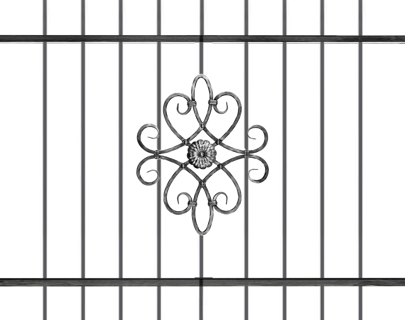 Grille de défense composé d’un décor central #06188072. Structure complète de la grille en section carré de 14mm. Convient pour des tableaux de fenêtre de maison ou bâtiment. Cette grille est à installer dans votre tableau de fenêtre. Protégez votre habitation avec cette grille anti-intrusion fabriquée en France dans notre atelier en Provence. Composé de barreaux avec un vide normalisé entre chaque barreau. Cette grille de fenêtre est livrée brut sans peinture, il vous appartient de les peindres de la couleur de votre choix. Les photos montrent le style du modèle. La composition exacte est ajustée pour correspondre à votre format.

Les barreaux sont tous soudés en applique sur les 2 barres horizontales. Cette grille, ainsi que toutes celles de la gamme GRF sont configurables a vos mesures de tableaux (voir les dimensions possibles entre la longueur et hauteur minimum puis maximum) puis fabriqués à la commande sous 10-20 jours en moyenne directement dans notre atelier par notre équipe de ferronnier.