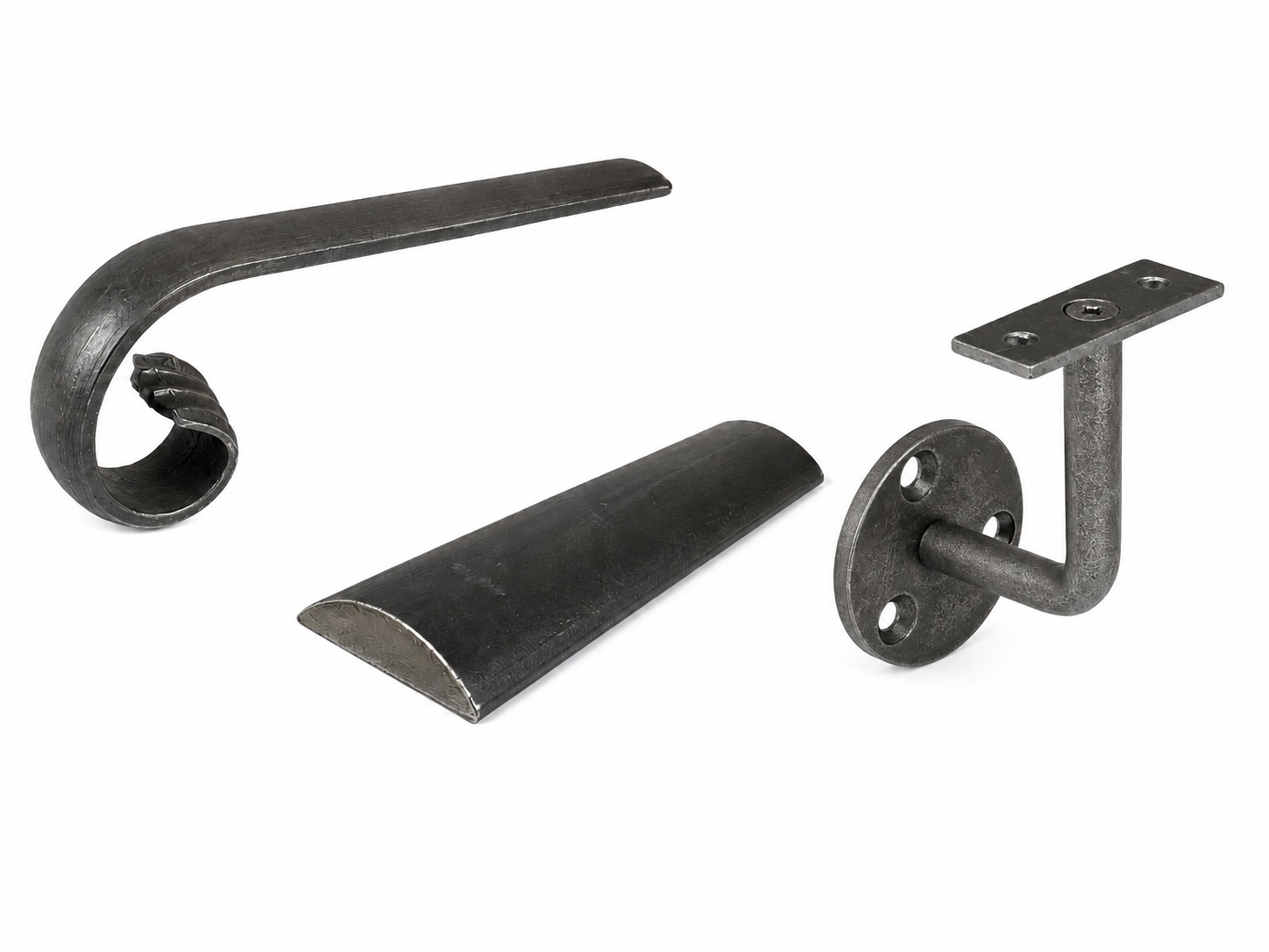 Kit fabriqué à la longueur totale choisie de 50 à 300 cm. Nomenclature : main courante réf. 18022, demi-ronde pleine lisse bombée 40x10mm ; 2 crosses réf. 180221, longueur 240mm, hauteur 100mm, section 40x10mm ; supports muraux réf. 18125, hauteur et déport 80mm, barreau rond Ø12mm, platine Ø60x5mm. Finition brute ou peinture noir mat. Fixations pour placo en option.