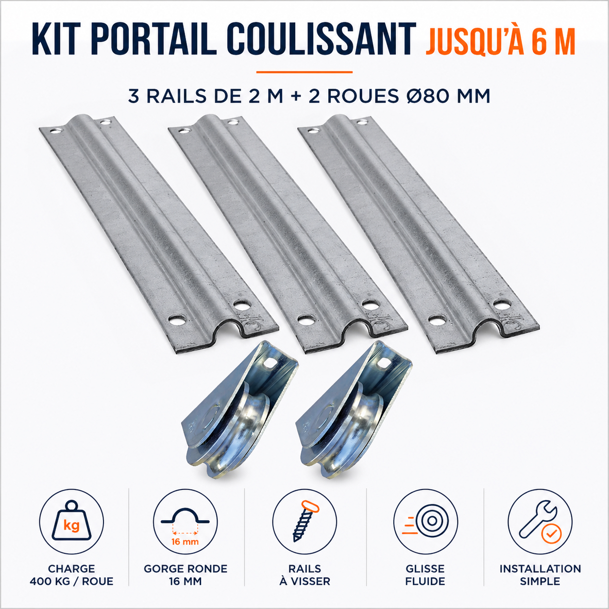 Kit pour la réalisation d'un Portail coulissant. 3 rails (#19197) d'une longueur de 2000mm à gorge ronde en diamètre 16mm à visser. 2 roues (#19421) d'un diamètre de 80mm à visser pour supporter une charge maximale de 400KG.