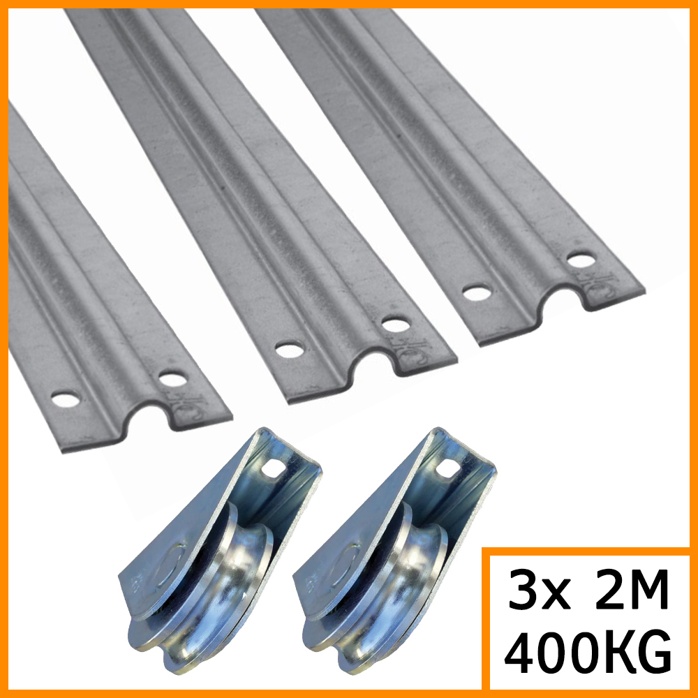Kit pour la réalisation d'un Portail coulissant. 3 rails (#19197) d'une longueur de 2000mm à gorge ronde en diamètre 16mm à visser. 2 roues (#19421) d'un diamètre de 80mm à visser pour supporter une charge maximale de 400KG.