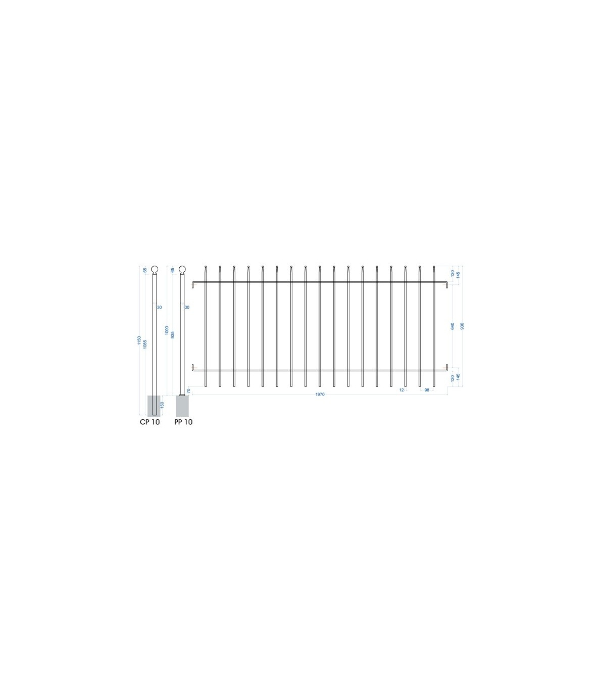 Grille Cloture Galvanisé pour jardins Structure sur plat de 30x8 et barreaudage en rond plein ø12 mm appointés et finition boule. Hauteur 930 mm x Longueur 1970 mm . L'espacement entre les 17 barreaux de 98 mm répond à toutes les normes de sécurité. A fixer entre piliers ou sur poteau a cder séparémement soit Poteaux a sceller réf CP10 ou sur platines a visser réf PP10. Ces Panneaux sont recoupables et a fixer avec la réf KIT-col. Possibilité sur commande en hauteur 1130 mm et 1430 mm 