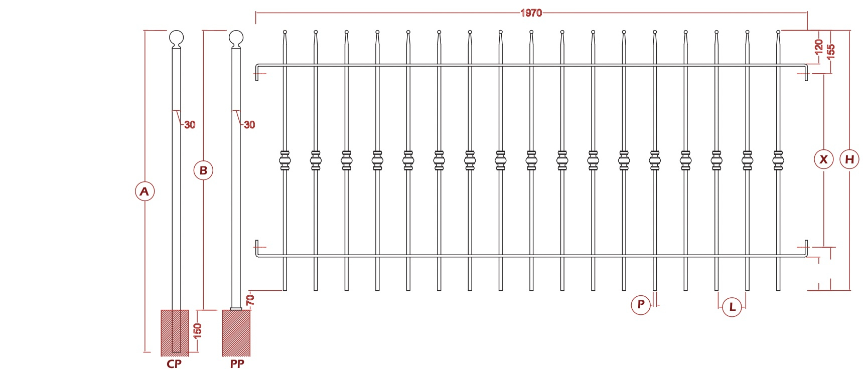 Grille Cloture Galvanisé de jardins Hauteur 930 mm x Longueur 1970 mm .Structure sur plat de 30x8 et barreaudage en rond plein ø14 mm forgé façon appointé en finition boule. L'espacement des 17 barreaux de 98 mm répond à toutes les normes de sécurité.A fixer entre piliers ou sur poteau a cder séparémement soit Poteaux a sceller réf CB10 ou sur platines a visser PB10. Ces Panneaux sont recoupables et a fixer avec la réf KIT-col 