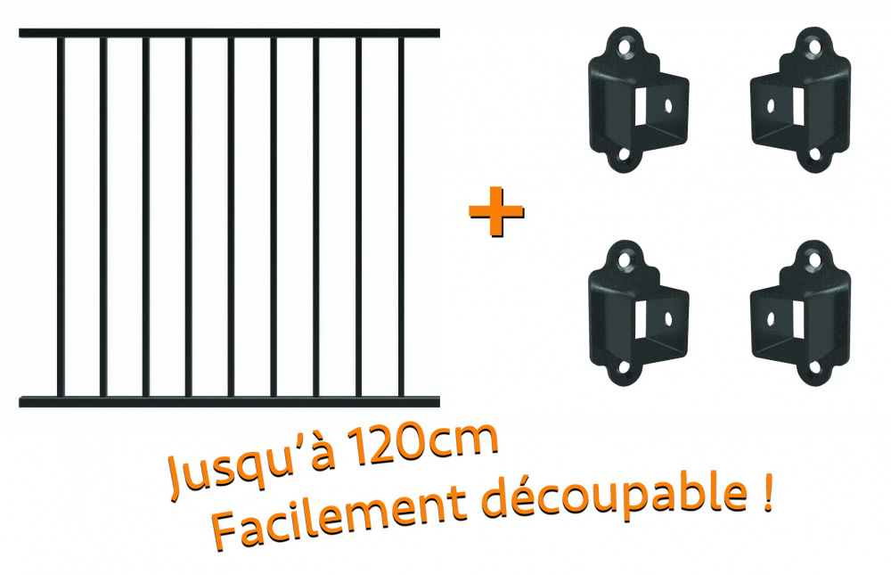 Pack pour la pose d'un garde-corps de fenêtre dans le tableau. Barreaudage en carré de 16mm tubulaire et sur le dessus une main courante en carré de 25mm. Le panneau de 1200 mm de long et 1016 mm de haut. Facilement recoupable à la scie à métaux ou à la disqueuse sur place pour s'adapter à vos dimensions. Pour une pose à visser le tableau doit faire maximum 1200mm mais nous conseillons toujours de sceller au moins 4cm de chàque côté pour une meilleure resistance à l'arrachement. Pour une pose à sceller le tableau doit faire maximum 1100mm. Le kit comprend aussi 4 supports universels. Nous recommandons de sceller le panneau dans le mur et de mettre les supports en guise de cache-scellement. Livré Galvanisé et peint en noir.