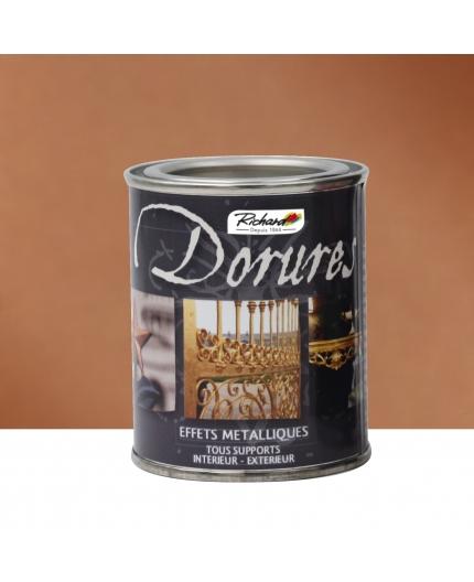 Peinture Dorure  Cuivre . Pot 500 Ml . Notre gamme Dorures et Ferronneries est utilisable sur tous types de supports tels que le métal, le bois, le plâtre, le carton , la faïence , le polystyrène . Intérieur et Extérieur . Pigments métalliques haut de gamme . Primaire et top coat intégré.Direct to Metal Cuivre 