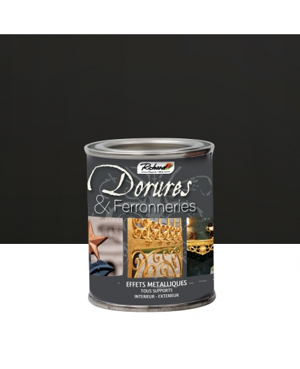 Peinture Dorure Noir de Ferronnerie . Pot 125 Ml . Notre gamme Dorures et Ferronneries est utilisable sur tous types de supports tels que le métal, le bois, le plâtre, le carton , la faïence , le polystyrène . Intérieur et Extérieur . Pigments métalliques haut de gamme . Aspect satiné .Primaire et top coat intégré.Direct to Metal RAL 9005