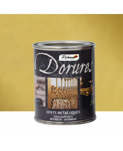 Peinture Dorure Or riche Ferronnerie . Pot 500 Ml . Notre gamme Dorures et Ferronneries est utilisable sur tous types de supports tels que le métal, le bois, le plâtre, le carton , la faïence , le polystyrène . Intérieur et Extérieur . Pigments métalliques haut de gamme . Primaire et top coat intégré.Direct to Metal Or Riche 