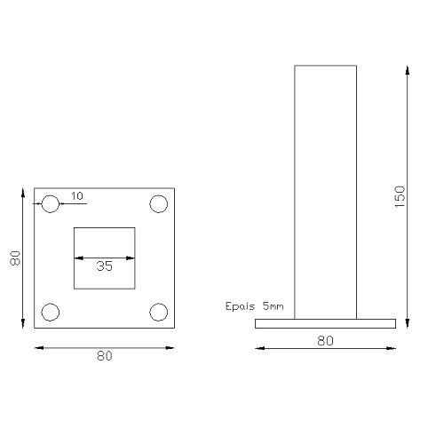 Pied Tube carré de 35x35x2 mm  Soudé sur platine de 80x80 mm de 5 mm d'épaisseur  Hauteur : 150 mm  Compatible avec un poteau en carré de 30 mm ou tube profilé carré 40x40x2 mm  En acier standard État brut Extrémités non ébavurées