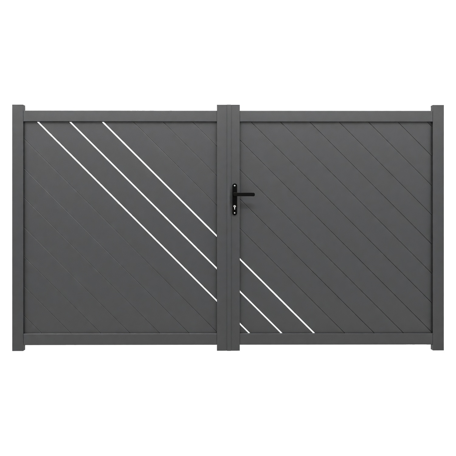 Le portail aluminium Brest associe des lames diagonales à de fines ouvertures décoratives. Son motif graphique apporte une touche contemporaine tout en préservant largement l’intimité. Sa structure en aluminium offre une solution durable et adaptée à un usage extérieur. Il est proposé en ouverture battante ou coulissante selon la configuration choisie. La finition thermolaquée gris RAL 7016 met en valeur son dessin géométrique. Les dimensions disponibles sont sélectionnées directement dans le configurateur. Les accessoires fournis sont adaptés au type d’ouverture sélectionné. Son excellent rapport qualité-prix permet de choisir un portail bien moins cher qu’un modèle en acier, avec un style beaucoup plus moderne.