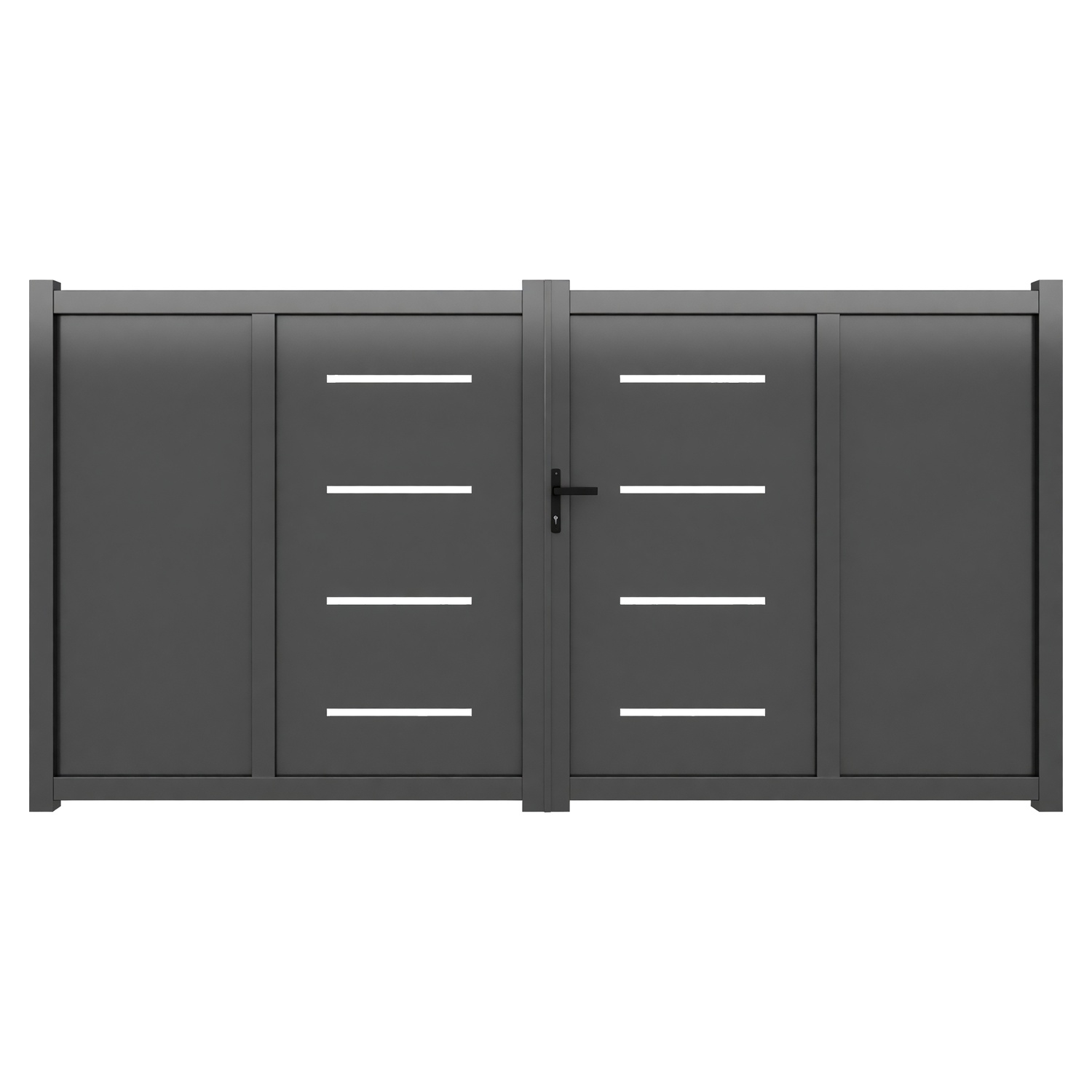 Le portail aluminium Lorient combine de larges panneaux pleins et des ouvertures horizontales discrètes. Son dessin géométrique offre un style contemporain tout en préservant largement l’intimité. Sa structure en aluminium offre une solution durable et adaptée à un usage extérieur. Il est proposé en ouverture battante ou coulissante selon la configuration choisie. La finition thermolaquée gris RAL 7016 souligne ses lignes épurées. Les dimensions disponibles sont sélectionnées directement dans le configurateur. Les accessoires fournis sont adaptés au type d’ouverture sélectionné. Son excellent rapport qualité-prix permet de choisir un portail bien moins cher qu’un modèle en acier, avec un style beaucoup plus moderne.