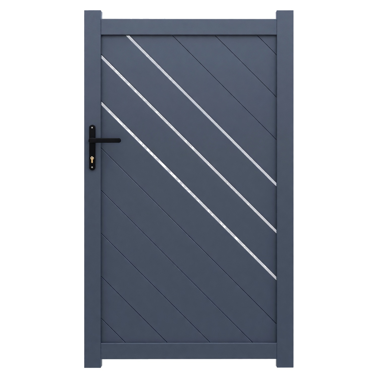 Le portillon aluminium Brest associe des lames diagonales à de fines ouvertures décoratives. Il crée un passage piéton assorti au portail Brest tout en préservant largement l’intimité. Sa structure en aluminium offre une solution durable et adaptée à un usage extérieur. La finition thermolaquée gris RAL 7016 met en valeur son dessin géométrique. Sa serrure à canon européen avec poignée noire est fournie. Les gonds, la butée de réception et l’embout de montant sont également fournis.
