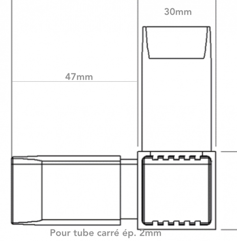 Raccord d'angle, 3 branches pour tube carré de section 30x30x2mm, en Nylon de couleur noir (PA 6 polyamide). Hauteur 30mm Longueur totale 77mm Longueur visible 30mm. Ce raccord permet l'assemblage définitif facile, sans soudure, de 2 tubes aciers. Il sera inséré à l'aide d'un maillet, après avoir au besoin ébavuré les bords du tube. C'est l'élément indispensable pour fabriquer soit même facilement divers réalisation (rambarde, étagère, meuble style indus ...). Le plastique Nylon® s'utilise aussi bien en intérieur qu'en extérieur, il est de couleur noir mat. Fabrication française. Livré en 2 parties à assembler.